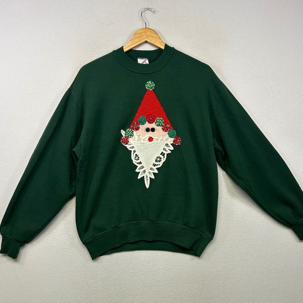 Vintage Christmas Jerzees Unisex Medium Green Santa Lace Applique Sweatshirt